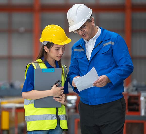 Coworkers standing around a computer smiling